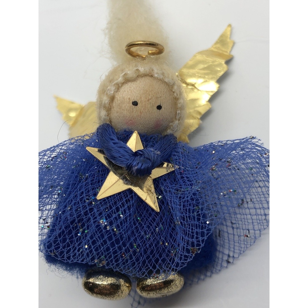 Girl Doll ANGEL Pin Lapel Brooch Wooden Folk Art 2" Wooden Face Blue Tulle Dress